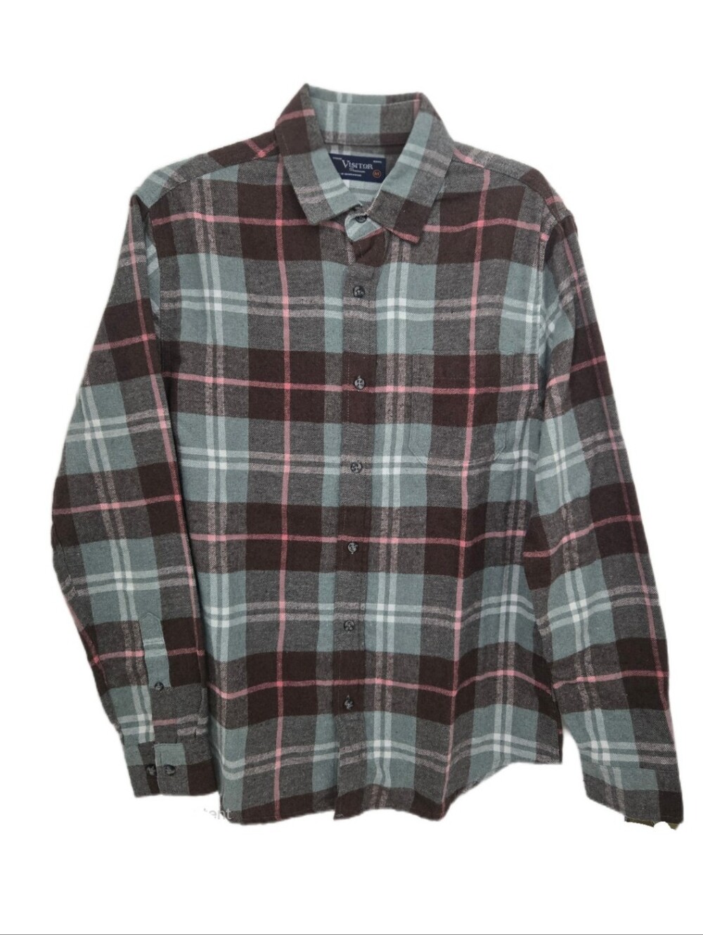 Visitor Premium Flannel Casual Plaid Button-Down Shirt — Gray, Brown & Pink